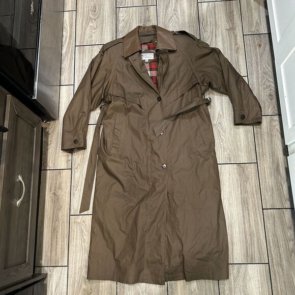 J Gallery Trench Coat 9/10 Long Brown Leather Collar Tie Warm Lined Layering - Picture 10 of 12